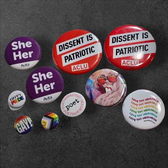 Lot of 10 LGBTQIA+ Pride Buttons ACLU She/Her, Rainbow, Love Wins, Equality Pins - Picture 1 of 2